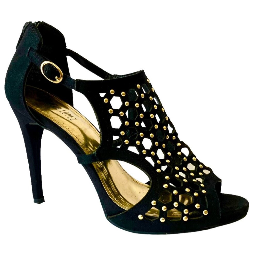 Jennifer Lopez Bayles Suede Studded Cut Out Black Peep Toe Stiletto Heels- 7.5M